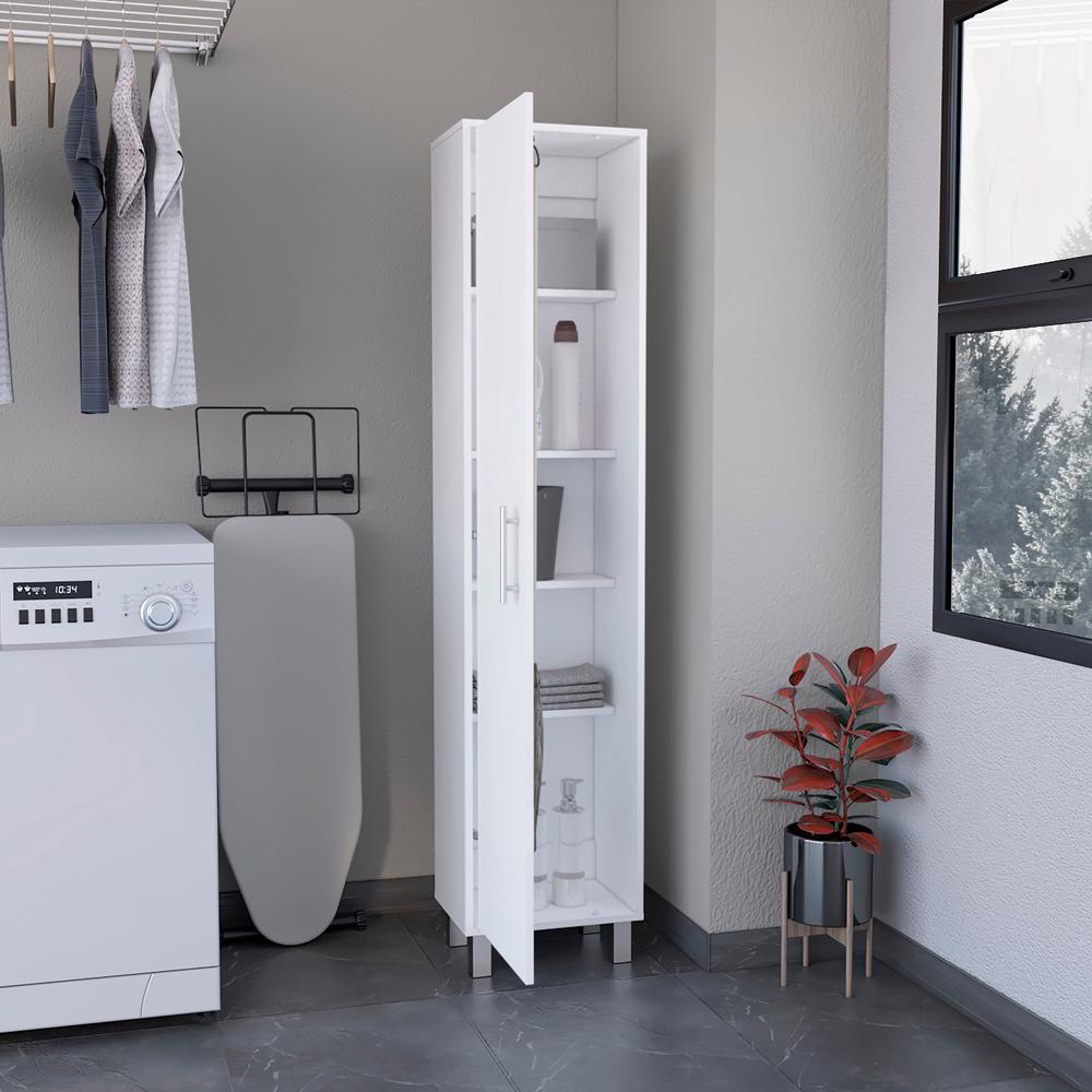DEPOT E-SHOP Dryden Tall Narrow Storage Cabinet with 5-Tier Shelf and Broom Hangers, White. Picture 4