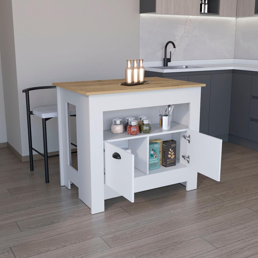 Floyd 35" H Kitchen Island, whit  2 doors, 3 shelves, White/Macadamia. Picture 4