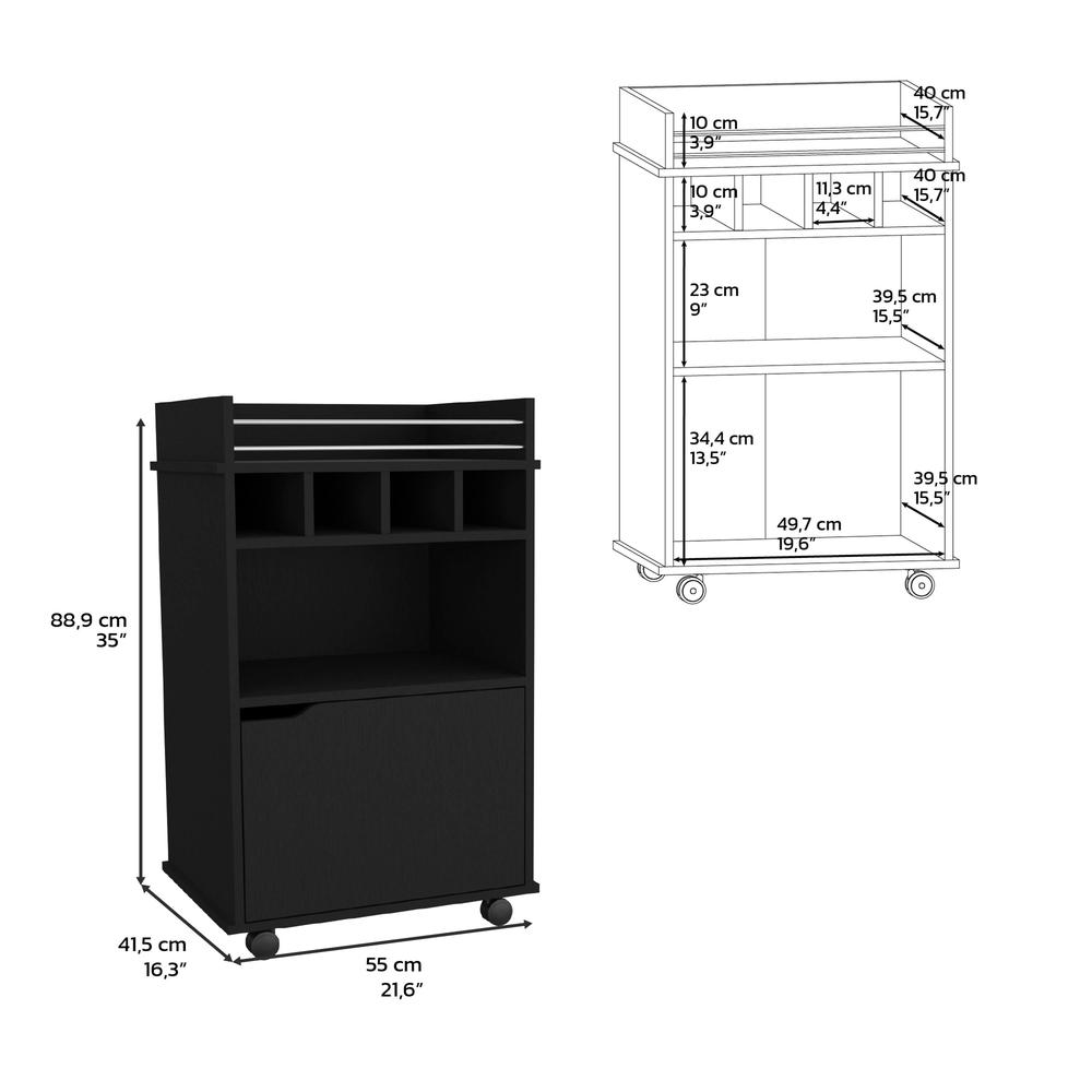 Sims 35" H Bar Cart with Two Shelves four Wine Cubbies and One Cabinet,Black. Picture 5
