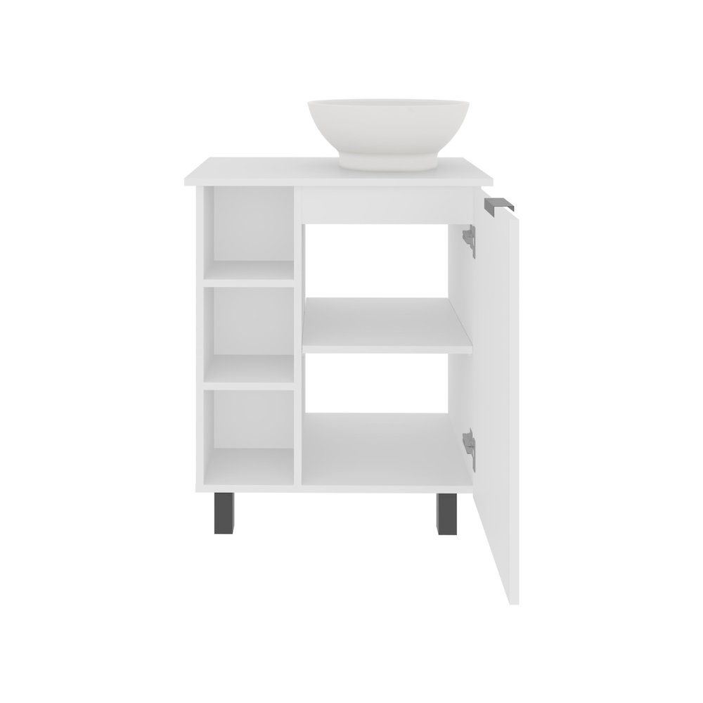 Dobson Vanity Sink, 1 Door, 4 Legs, 5 Shelves, White. Picture 2