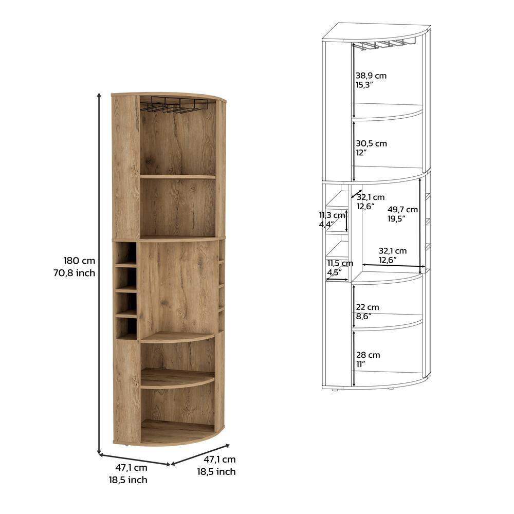 Agra 71" Corner Bar Cabinet with Five Shelves, Eight Bottle Cubbies and Stemware. Picture 5