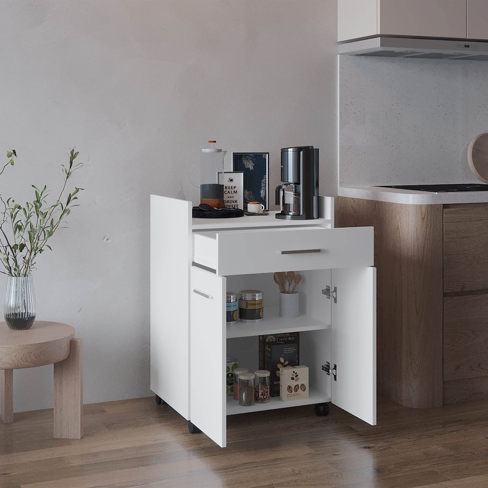 Epps Kitchen Cart, 2 Doors, 1 Drawer, 4 Wheels, 2 Shelves, White. Picture 8