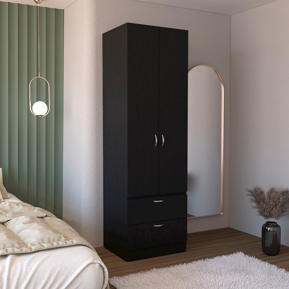 Armoire Wardrove 76" H, Hanging Rod, 2 Drawers, 1 Shelf, Black. Picture 4