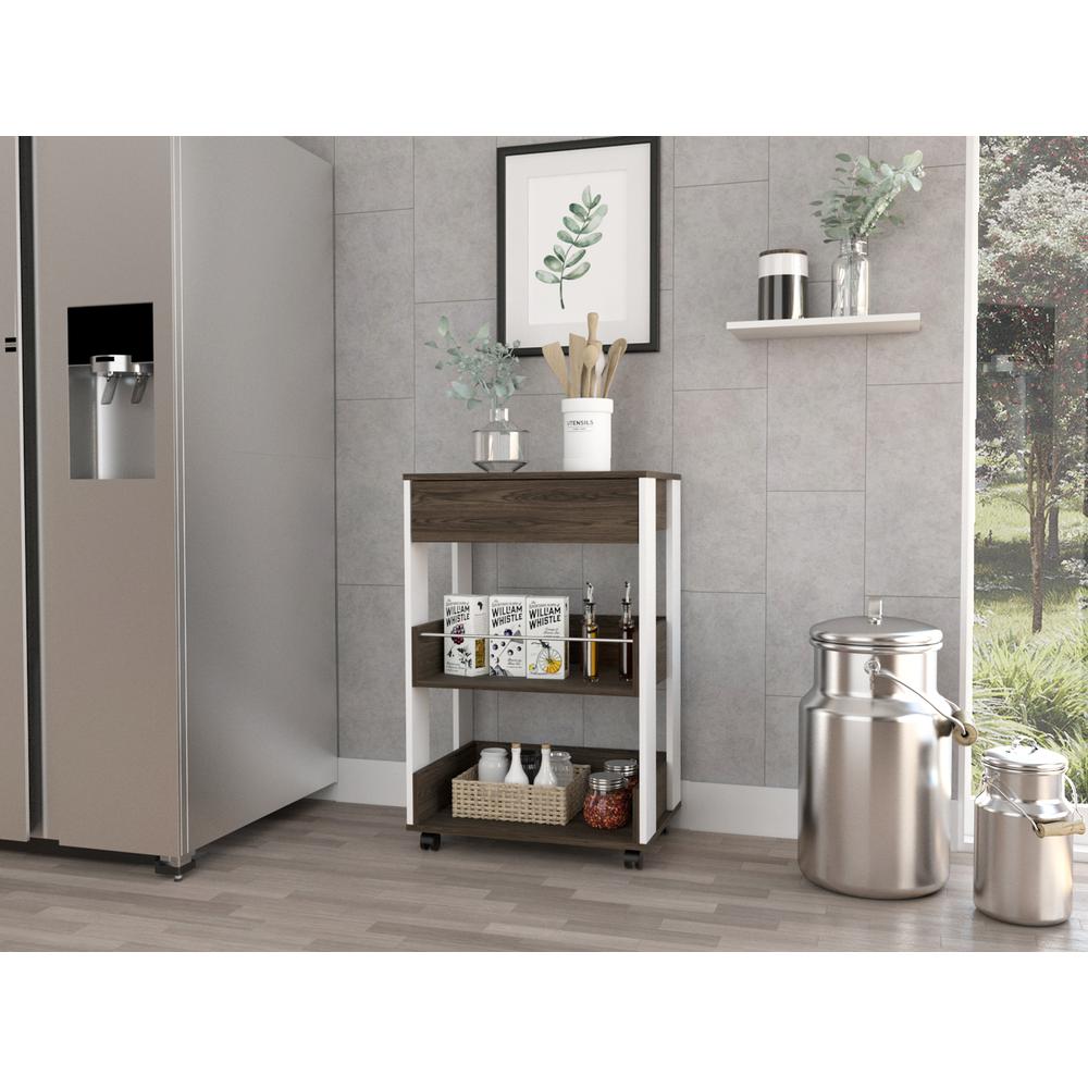 DEPOT E-SHOP Pillar Kitchen Cart, Four Caster Wheels, Three Shelves, Countertop-White Dark Walnut. Picture 5