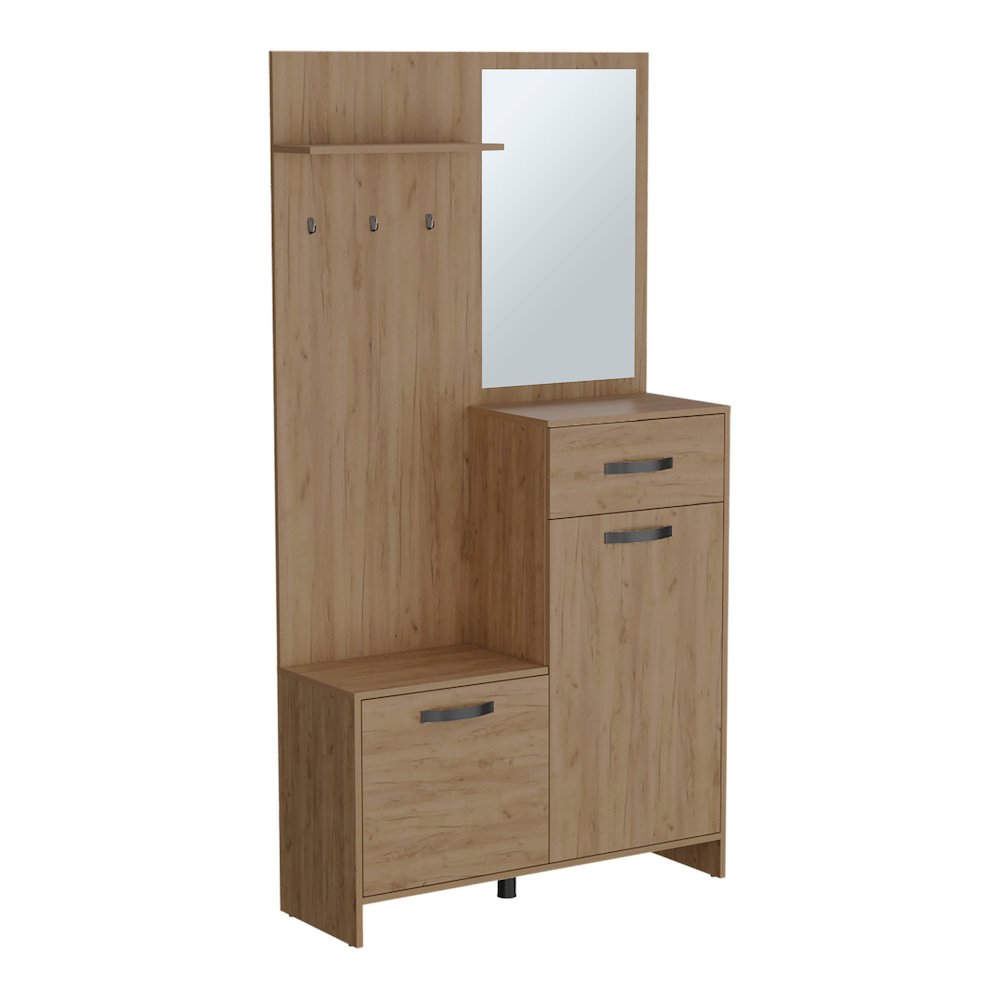 Olpe Hall Tree, 2 Doors, 1 Drawer, 1 Shelf, 1 Mirror, Natural Oak. Picture 4