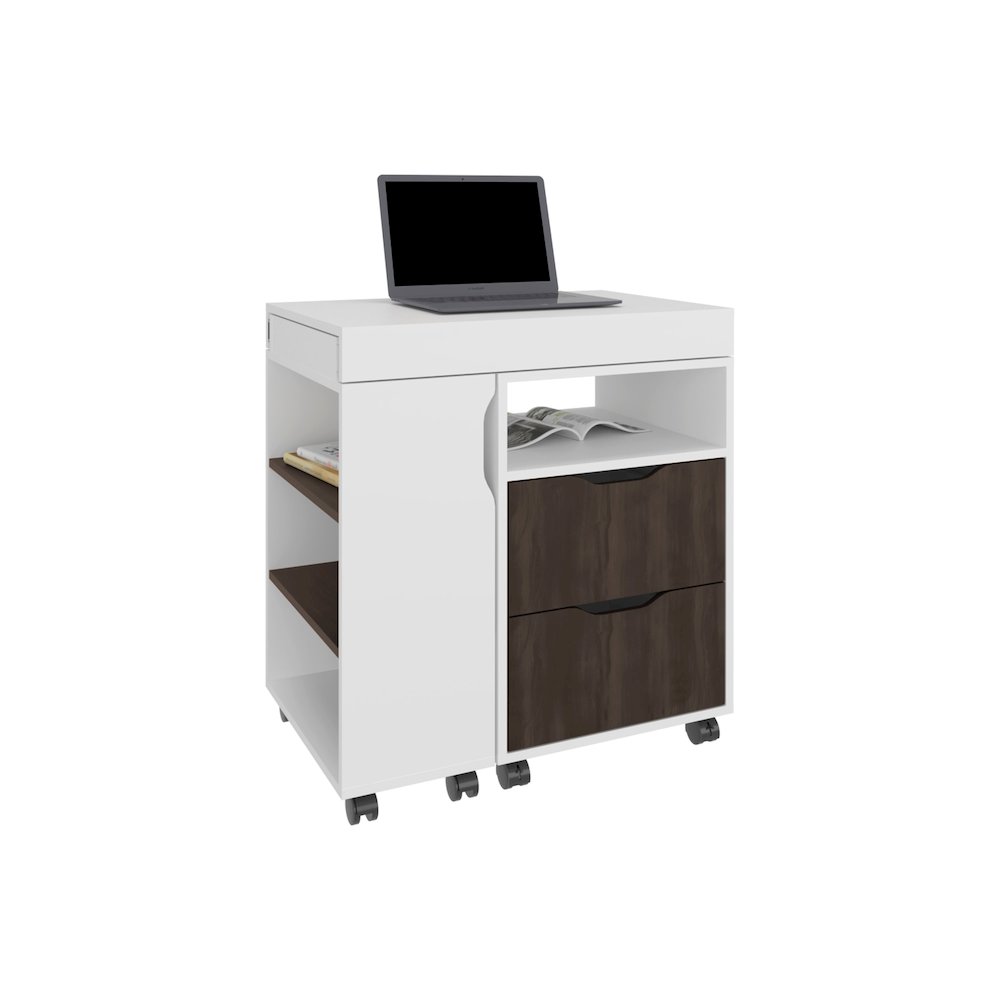 Odessa Extendable Desk, 2 Drawers, 4 Shelves, 4 Wheels, White/Walnut. Picture 3