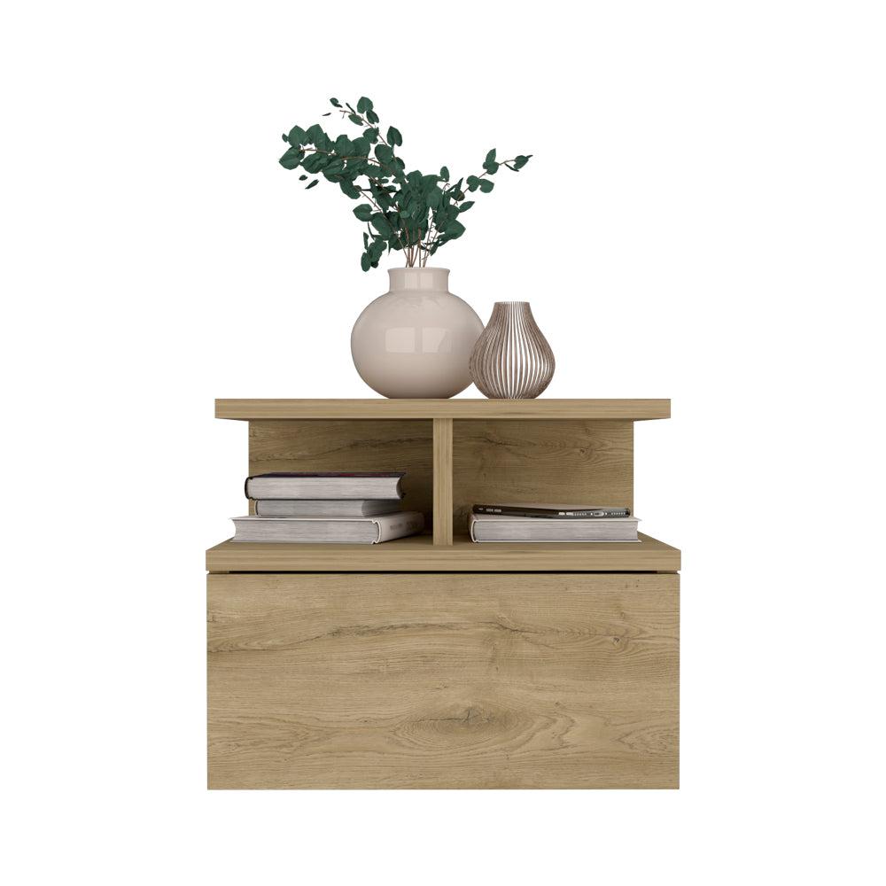Nightstand, Wall Mounted with Single Drawer and 2-Tier Shelf, Macadamia. Picture 4