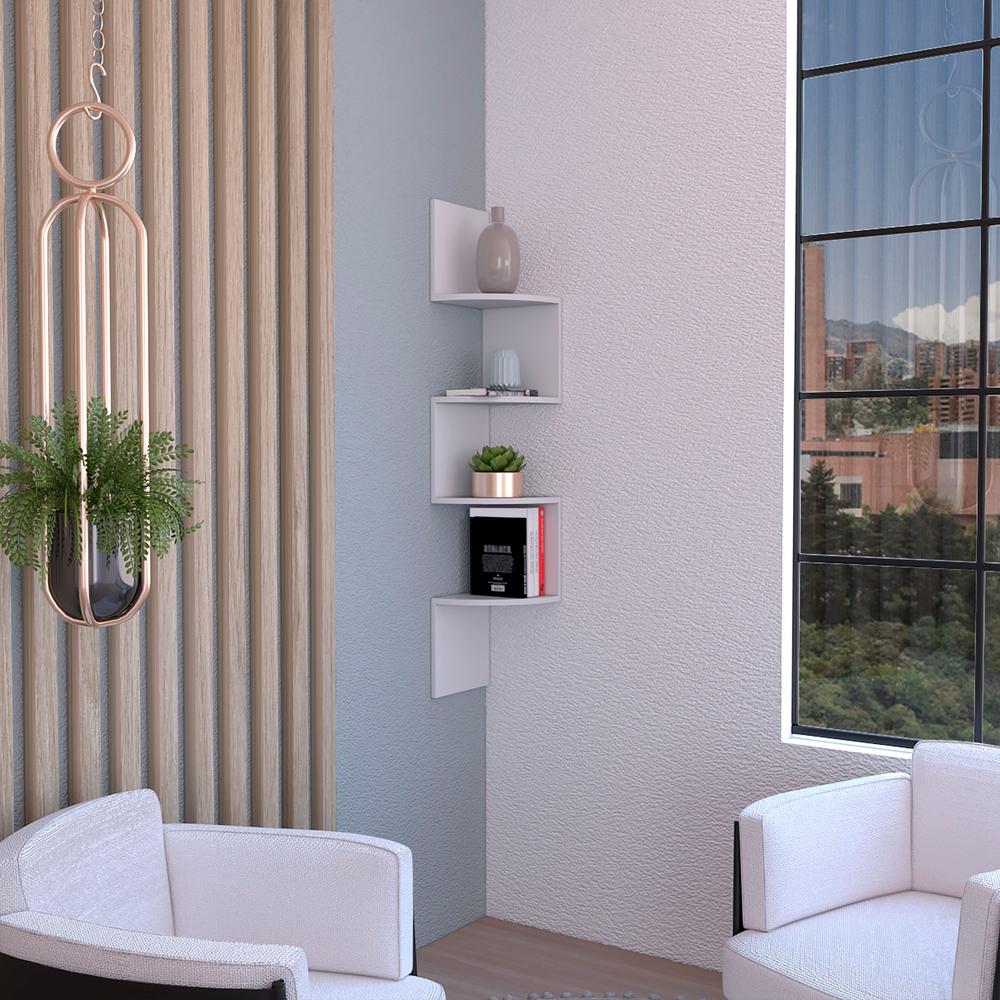 Roy Corner Floating Shelf, Modern 4-Tier Display, White -Living Room. Picture 5