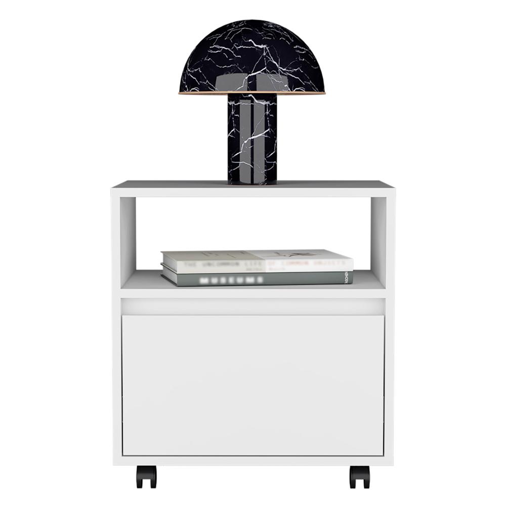 DEPOT E-SHOP Wasilla Nightstand with Open Shelf, 1 Drawer and Casters, White. Picture 2