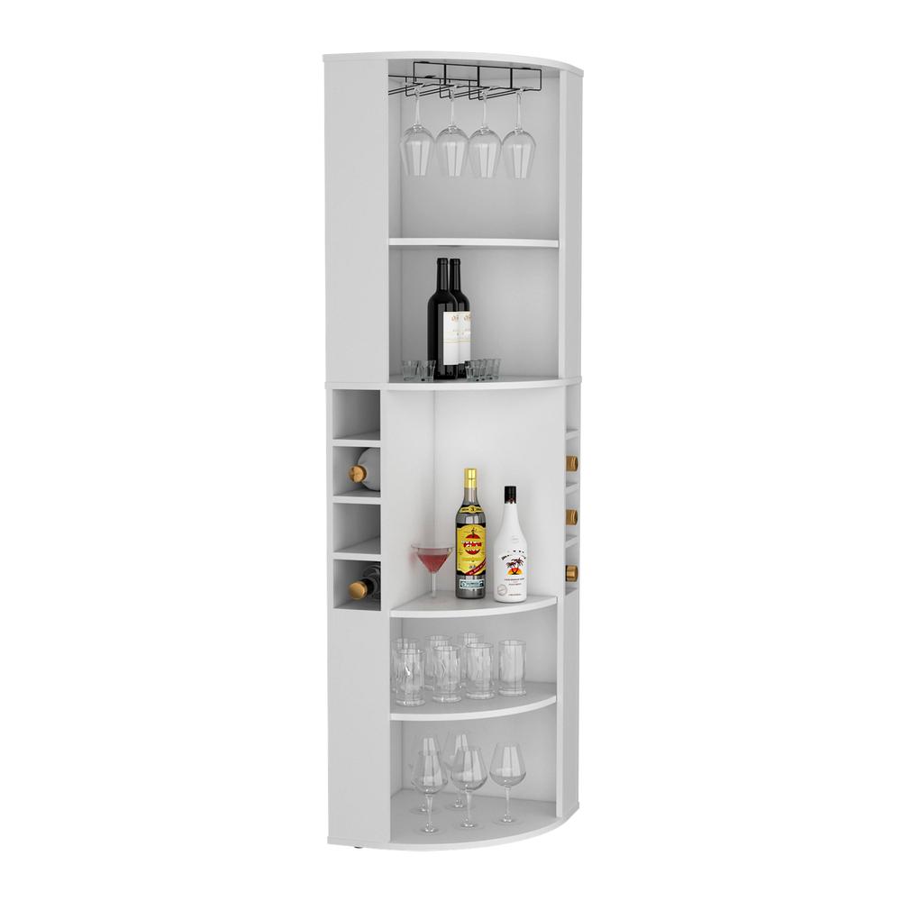 71" Corner Bar Cabinet with Five Shelves, Eight Bottle Cubbies and Stemware. Picture 2