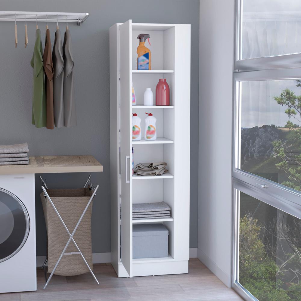 DEPOT E-SHOP Fairfield Utility Storage Cabinet with 6-Tier Shelf and Broom Hangers, White. Picture 4