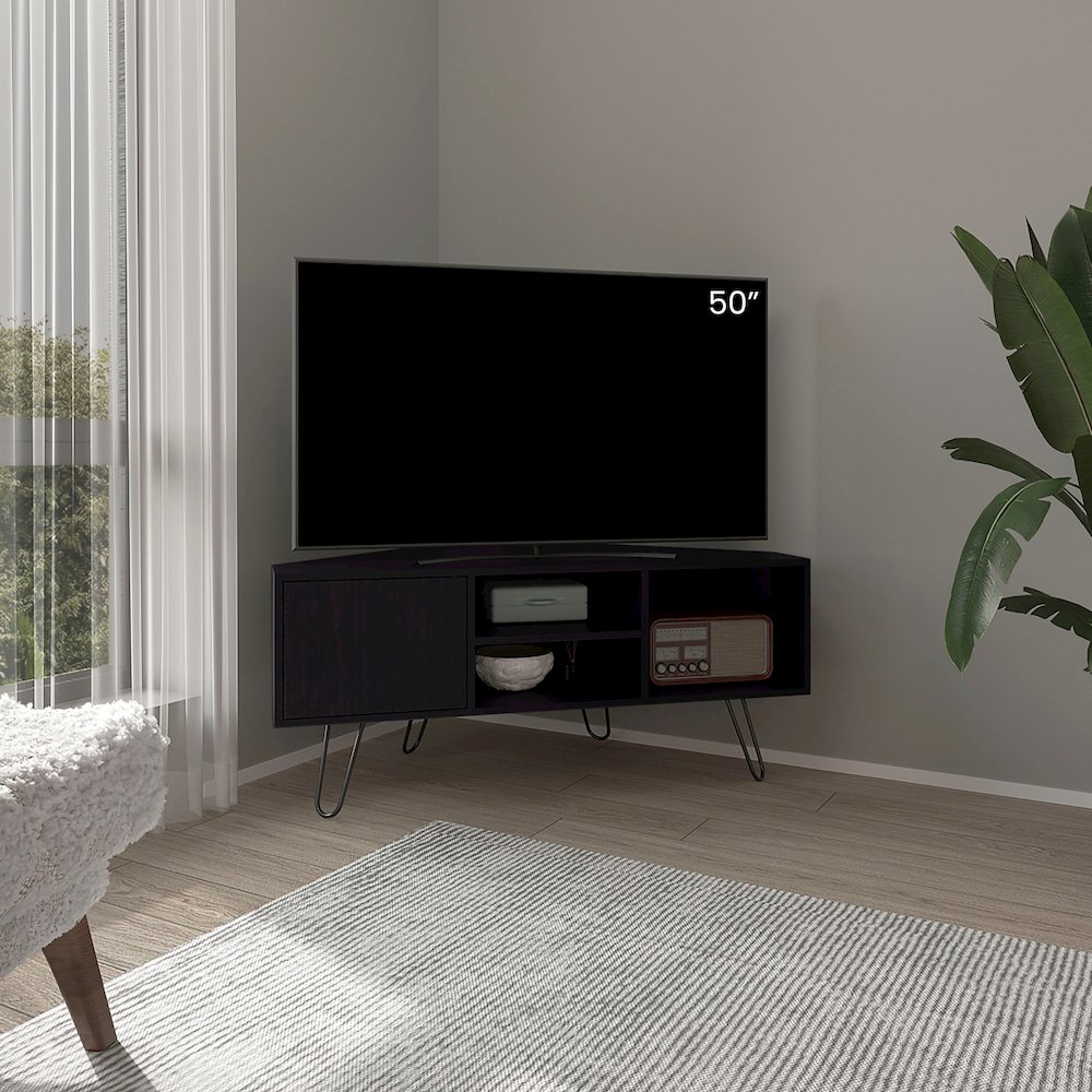Jenks TV Stand, 1 Door, 3 Shelves, 4 Legs, Black. Picture 6