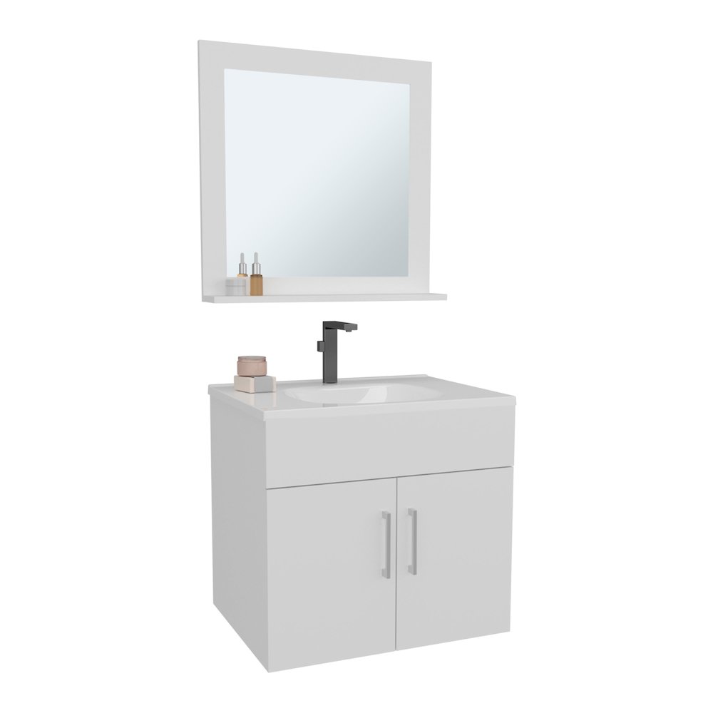 Jette Bathroom Set, Vanity Sink + Mirror, 2 Doors, 1 Shelf, 1 Mirror, White. Picture 3