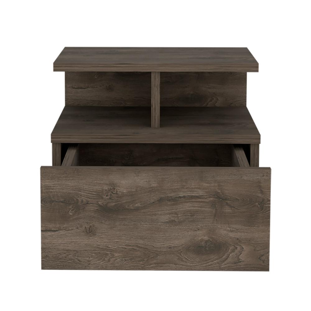 Nightstand, Wall Mounted with Single Drawer and 2-Tier Shelf, Dark Walnut. Picture 2