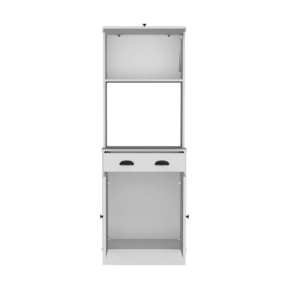 Apex 66.3" H Kitchen Pantry with Drawer, 2 Cabinets, and Microwave Stand, White. Picture 2