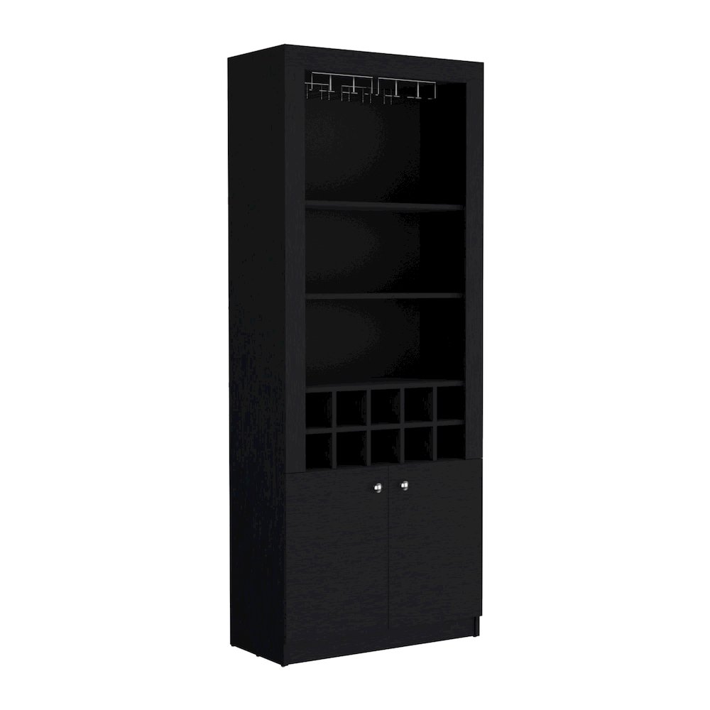 Cabinet 4-Tier, Glass Holder Stemware Rack, 10 Bottle Cubbies, 4 Shelves, Black. Picture 1