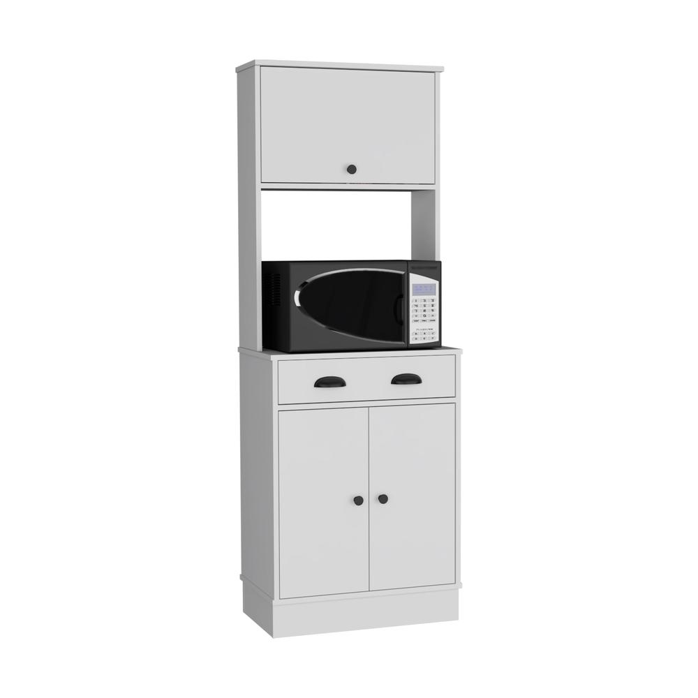 Apex 66.3" H Kitchen Pantry with Drawer, 2 Cabinets, and Microwave Stand, White. Picture 3