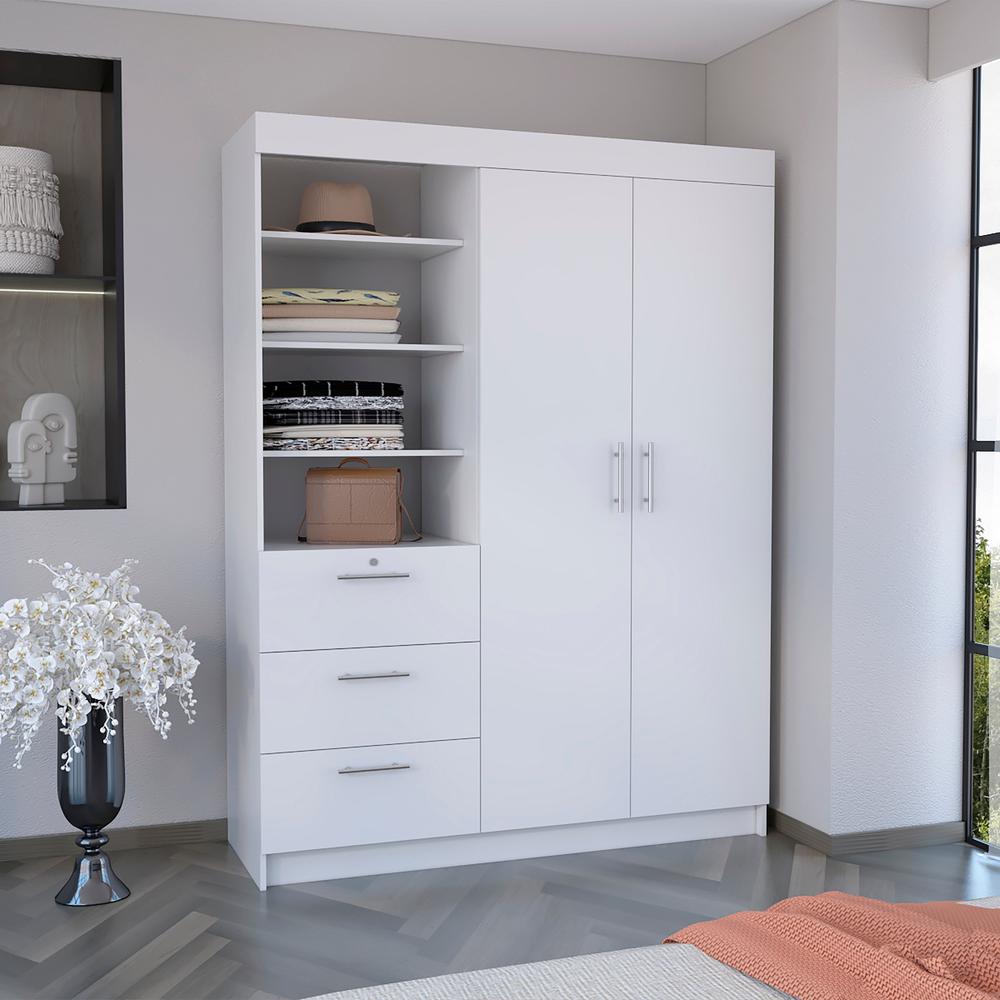 DEPOT E-SHOP Laurel 3-Tier Shelf and Drawers Armoire with Metal Handles, White. Picture 5