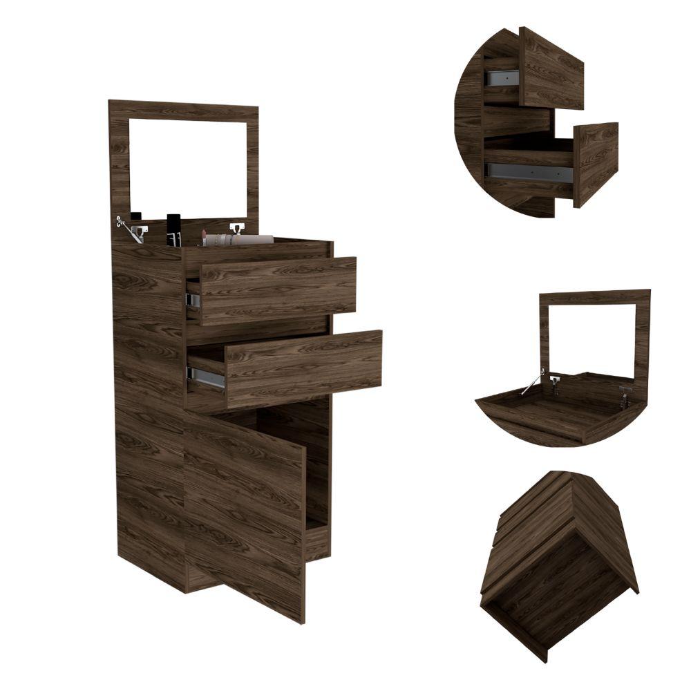 DEPOT E-SHOP Diamond Dresser, Jewelry Box, Mirror, One-Door Cabinet, Two Drawers-Dark Walnut, For Bedroom. Picture 3