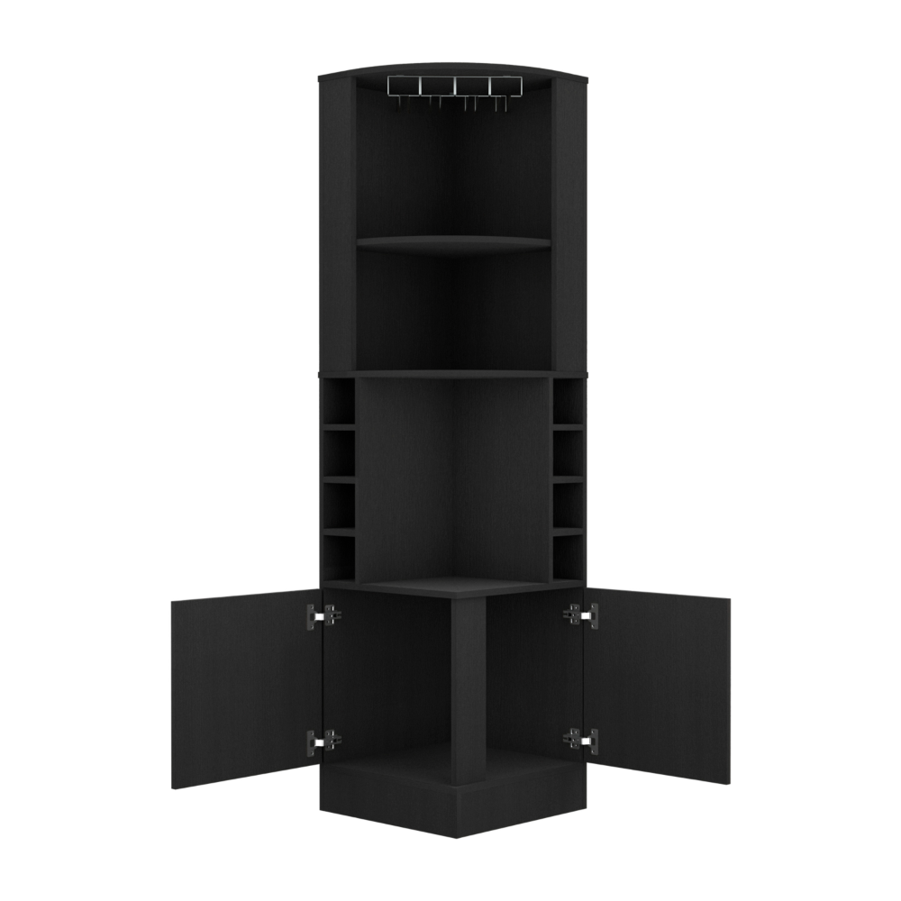 Depot E-Shop Cairo Corner Bar Cabinet, Double Door Cabinet, Glass Rack, Eight Built-in Wine Rack, Black. Picture 4