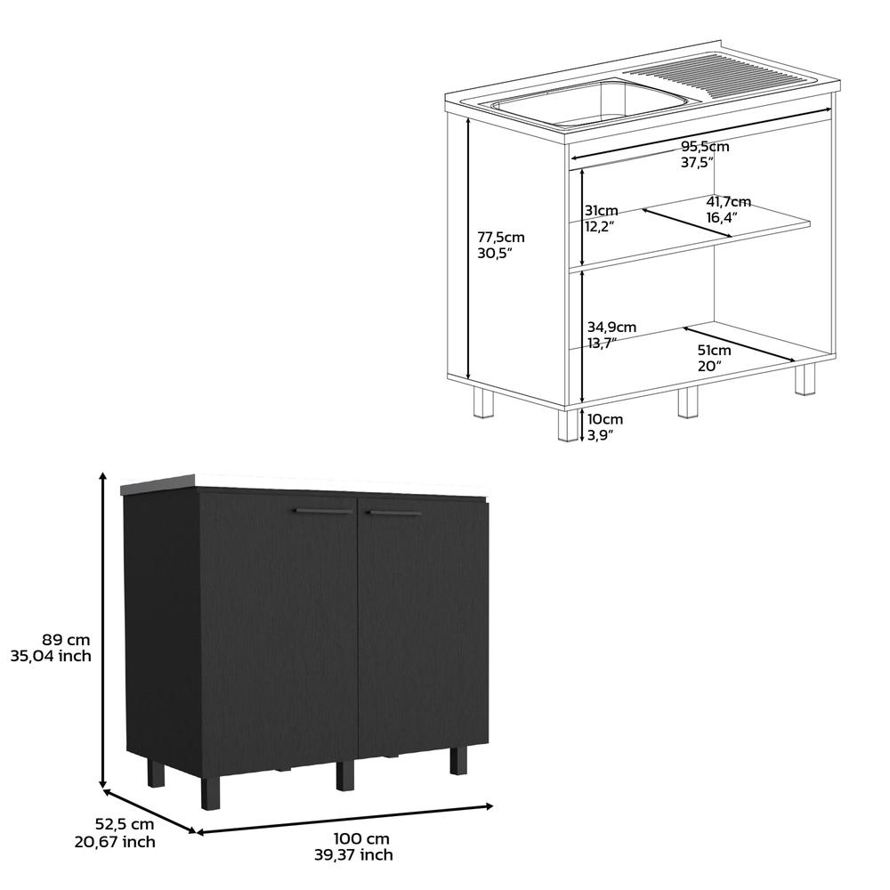 DEPOT E-SHOP Salento 2 Freestanding Utility Base Cabinet with Stainless Steel Countertop and 2-Door, Black. Picture 4