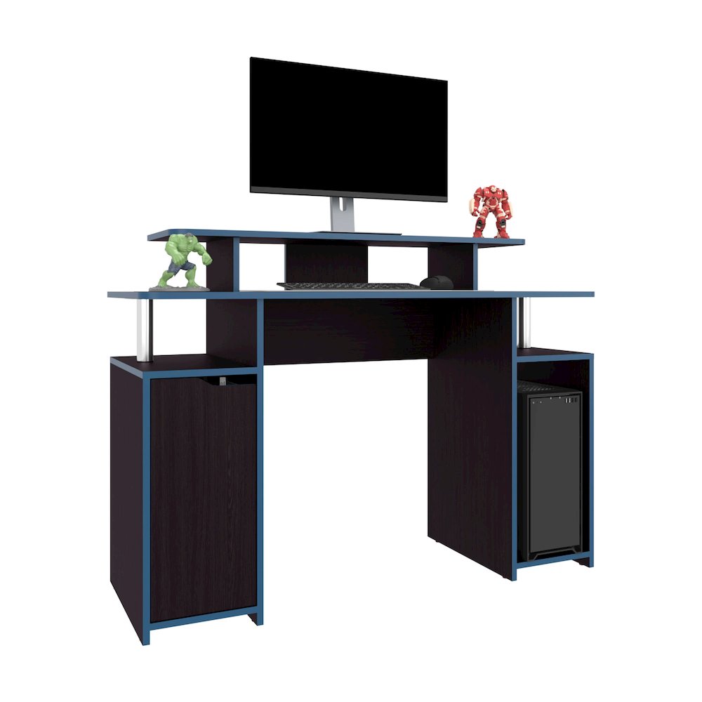 Hobart Gaming Desk, 1 Door, 6 Shelves, Black Wengue / Blue Edge. Picture 3
