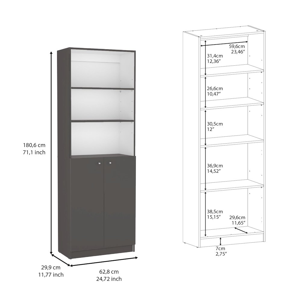 Vinton 2-Door Bookcase with Upper Shelves, Matt Gray / White -Office. Picture 5