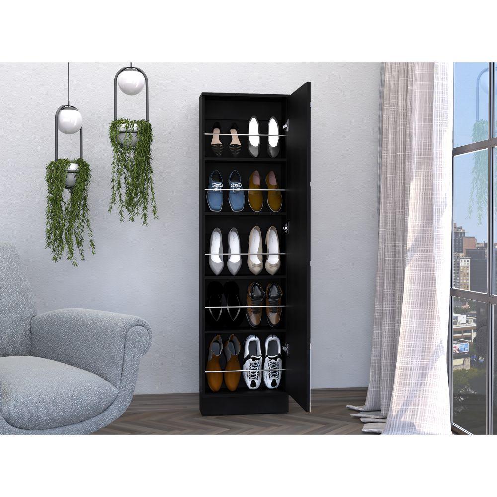 DEPOT E-SHOP Charlotte Xl Shoe Rack, Five Internal Shelves, Mirror, One-Door Cabinet-Black, For Bedroom. Picture 2