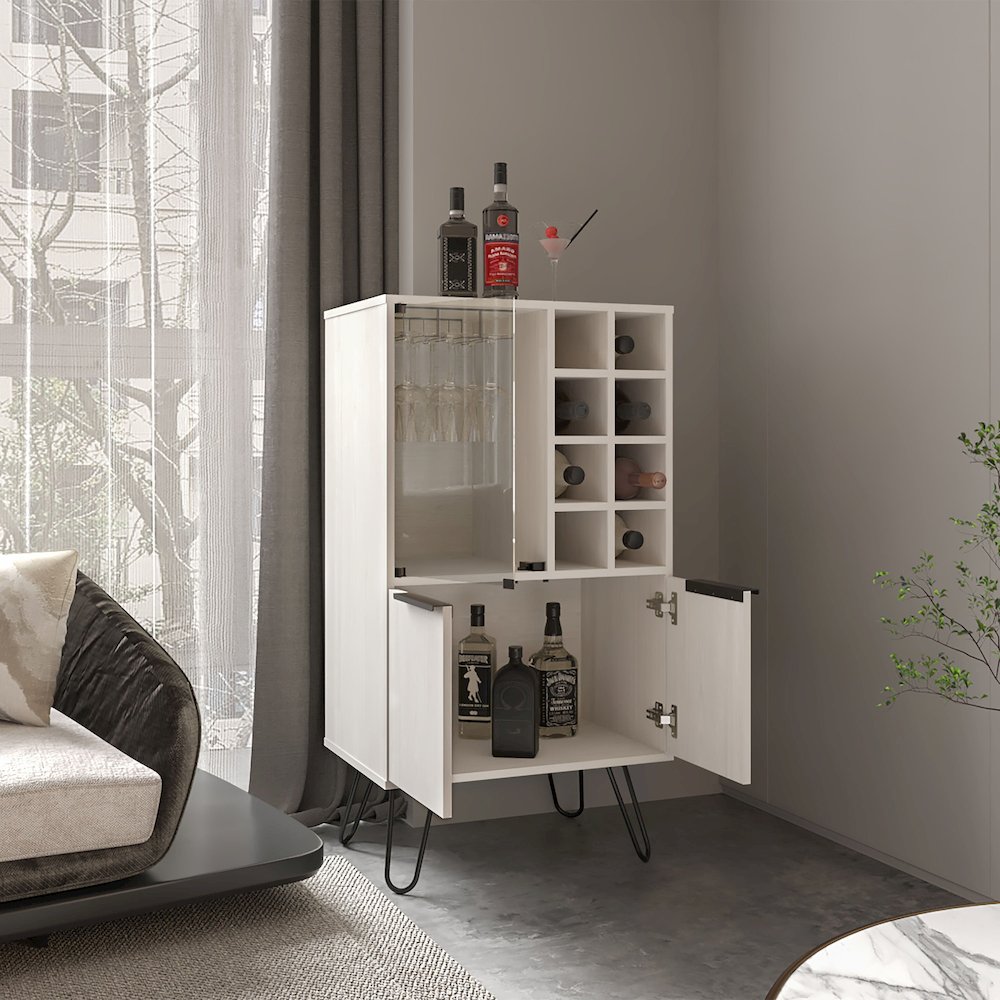 Lutak Bar Cabinet with 2 Doors, 9 Shelves, and 1 Glass Panel, White Washed Oak. Picture 7