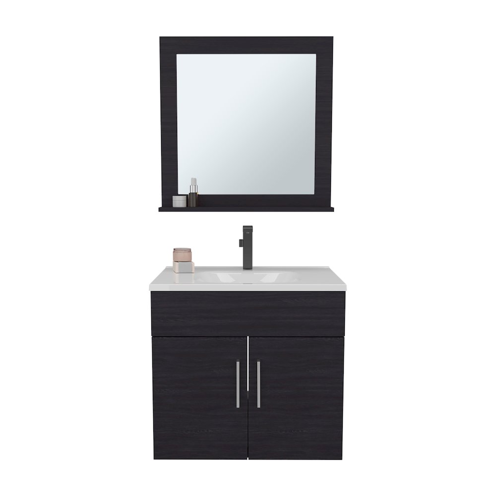 Jette Bathroom Set, Vanity Sink, 2 Doors, 1 Shelf, 1 Mirror, Black Wengue. Picture 1