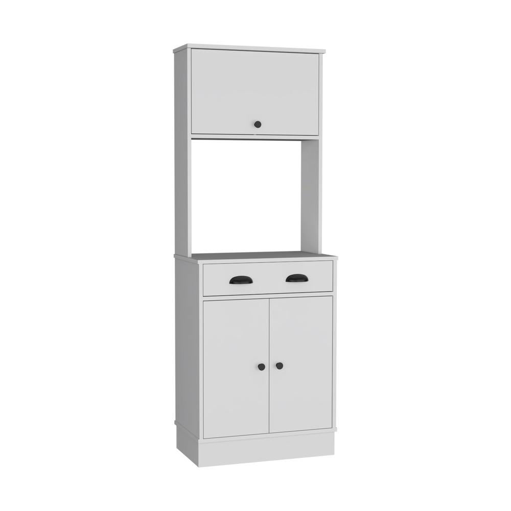 Apex 66.3" H Kitchen Pantry with Drawer, 2 Cabinets, and Microwave Stand, White. Picture 1