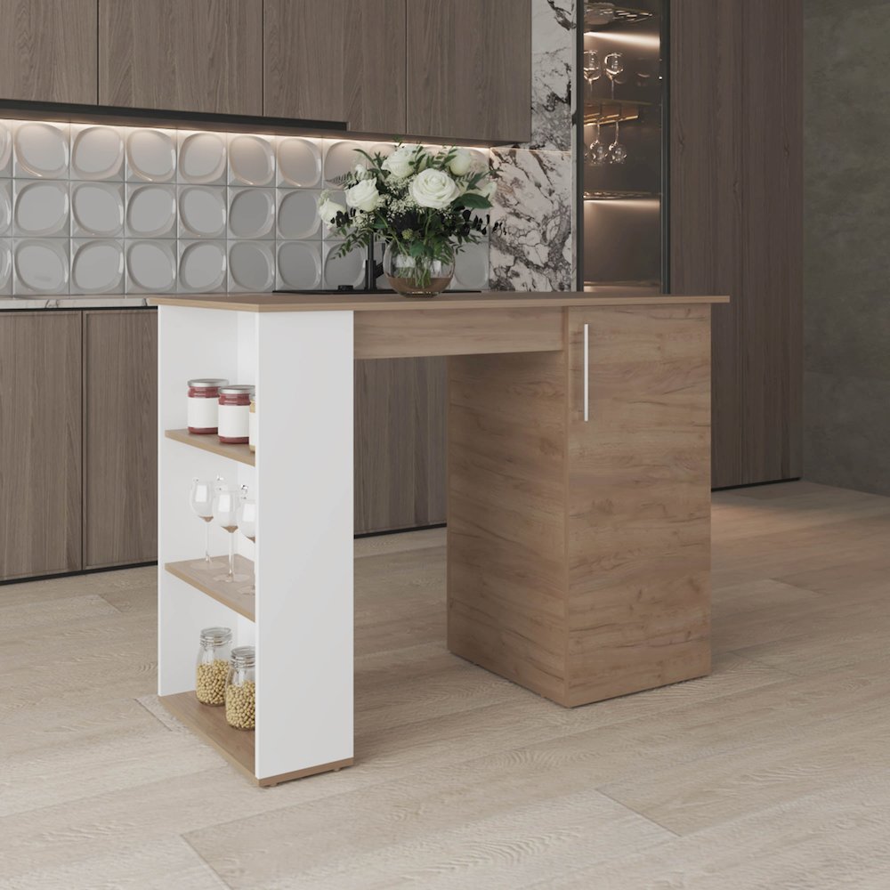 Rossiter Kitchen Island, 1 Door, 5 Shelves, Natural Oak/White. Picture 6