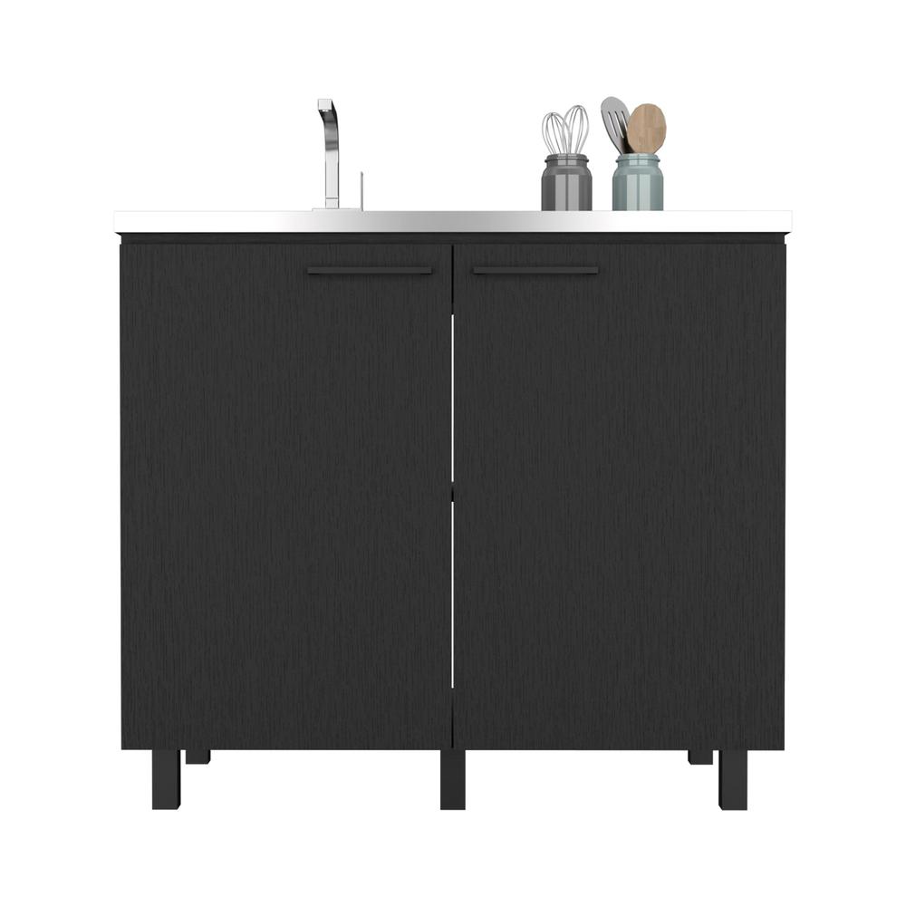 DEPOT E-SHOP Salento 2 Freestanding Utility Base Cabinet with Stainless Steel Countertop and 2-Door, Black. Picture 2