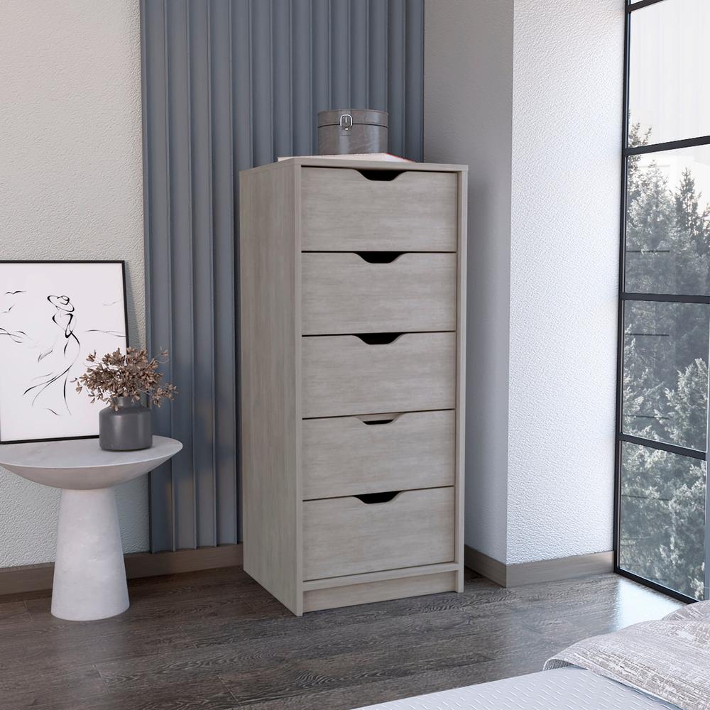5 Drawers Narrow Dresser, Slim Storage Chest of Drawers, Concrete Gray -Bedroom. Picture 5