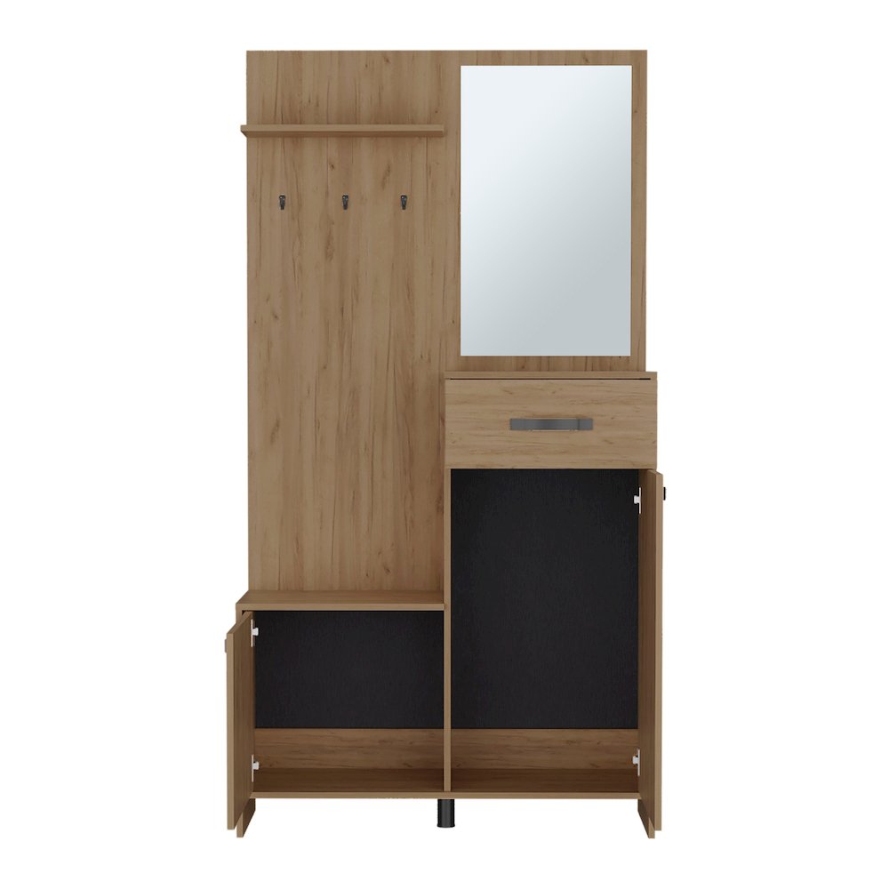 Olpe Hall Tree, 2 Doors, 1 Drawer, 1 Shelf, 1 Mirror, Natural Oak. Picture 1
