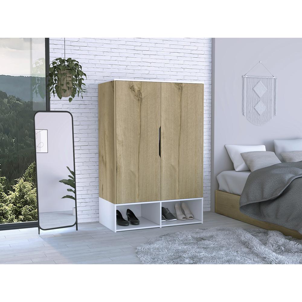 DEPOT E-SHOP Bamboo Armoire-Two Doors, Five Shelves, Hanging Rod, Two Open Shelves-Light Oak/White, For Bedroom. Picture 5