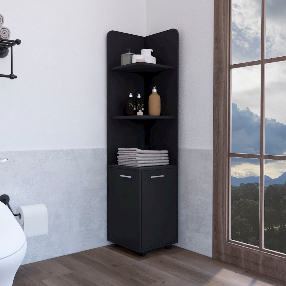 62H" Tall Corner Cabinet with 3-Tier Shelf and 2-Door, Black. Picture 4