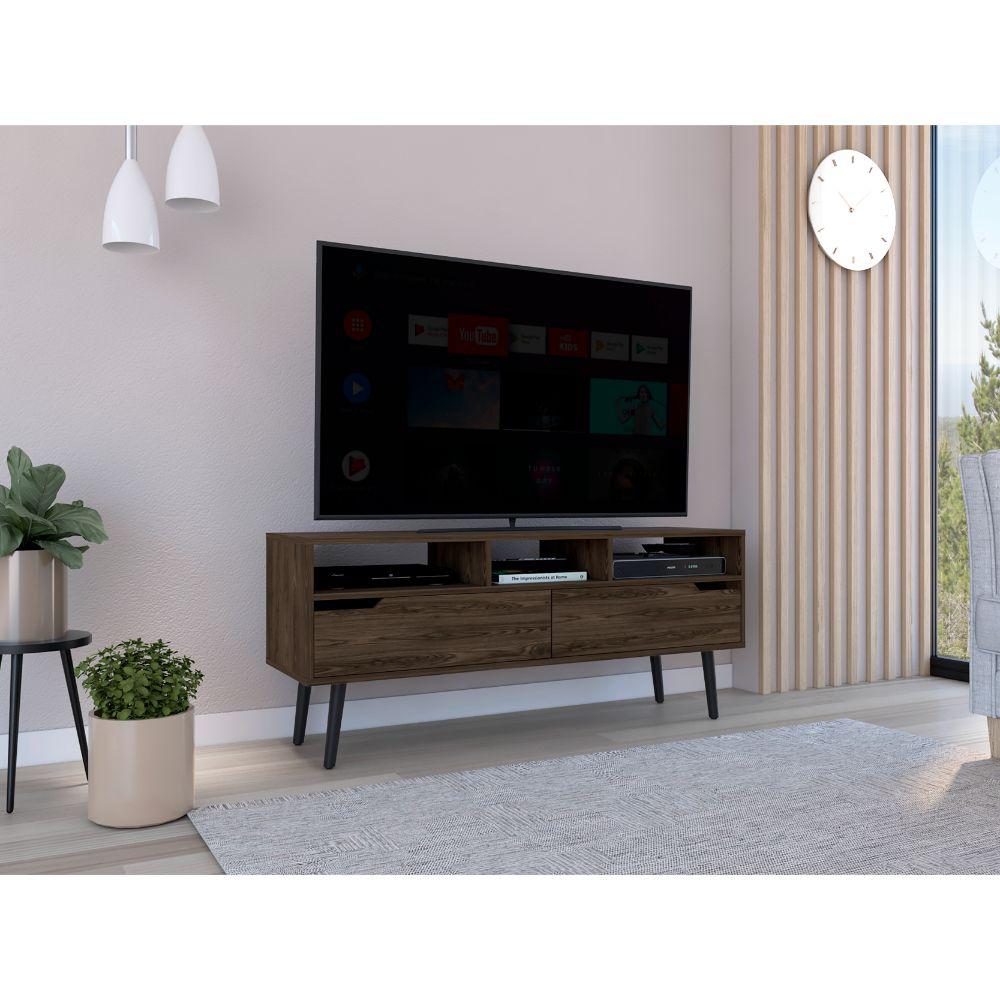 DEPOT E-SHOP Kobe Tv Stand, Countertop, Three Open Shelves, Two Flexible Drawers, Four Legs- Dark Walnut, For Living Room. Picture 1