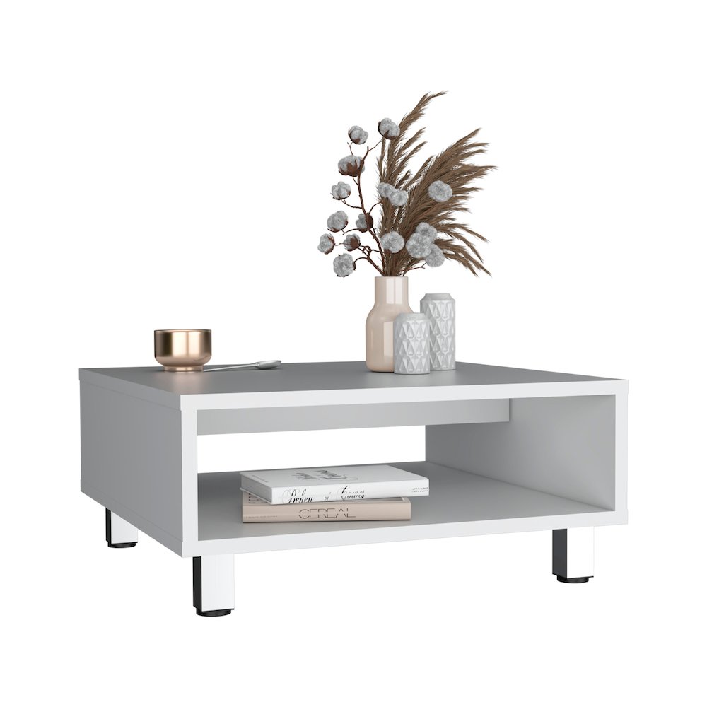 Chiniak Coffee Table, 1 shelf, 4 legs, White. Picture 5