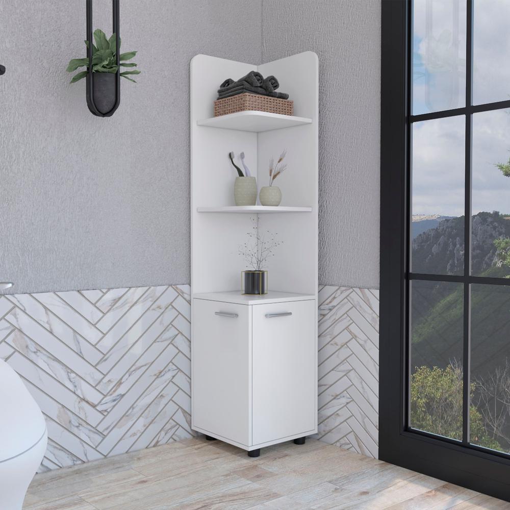 DEPOT E-SHOP Vestal Tall Corner Cabinet with 3-Tier Shelf and 2-Door, White. Picture 5