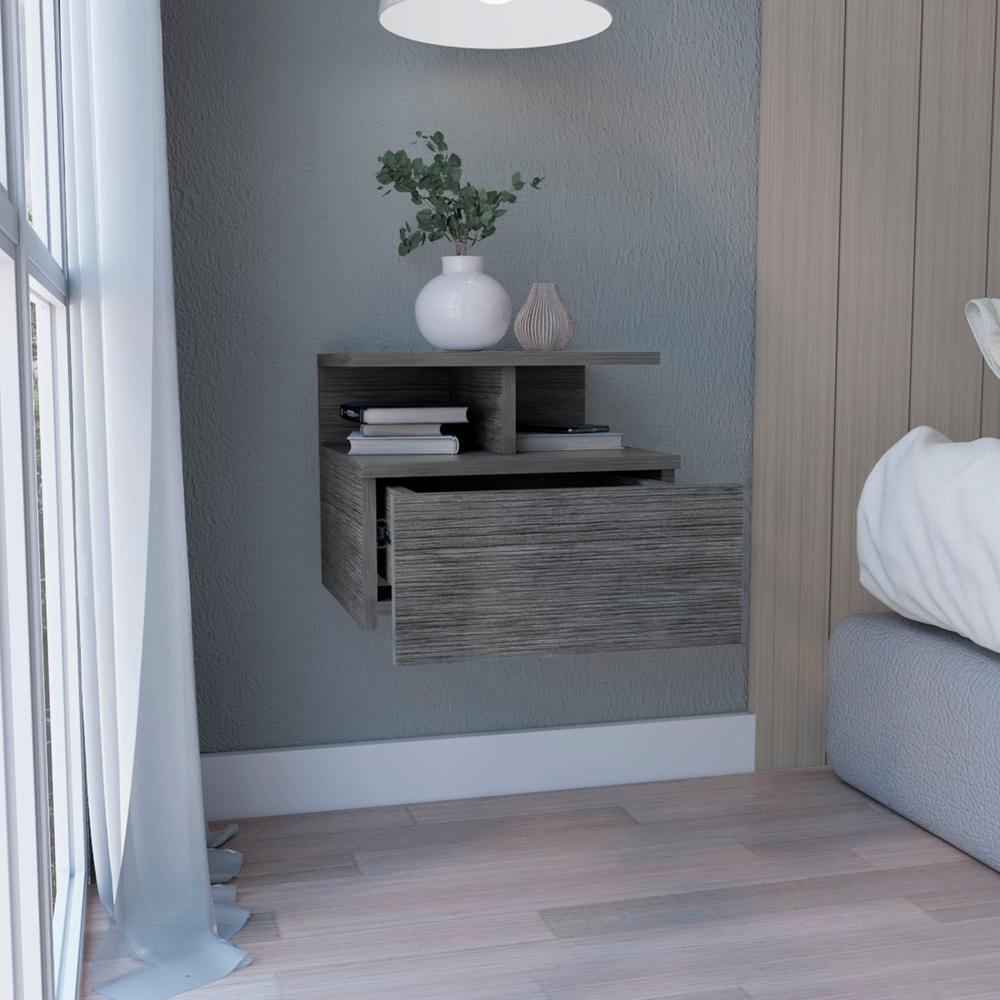 Nightstand, Wall Mounted Single Drawer and 2-Tier Shelf, Smokey Oak -Bedroom. Picture 6