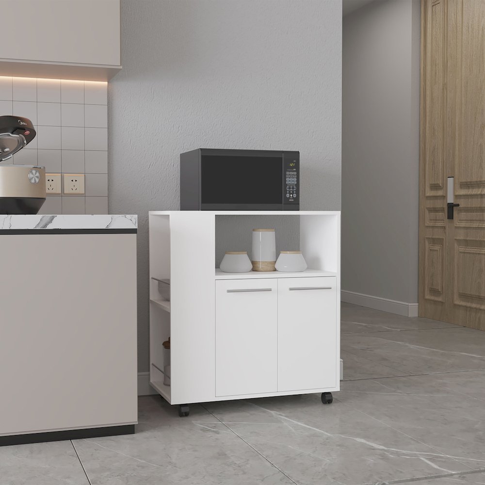 Bremerton Kitchen Cart, 2 Doors, 3 Shelves, 4 Wheels, White. Picture 6