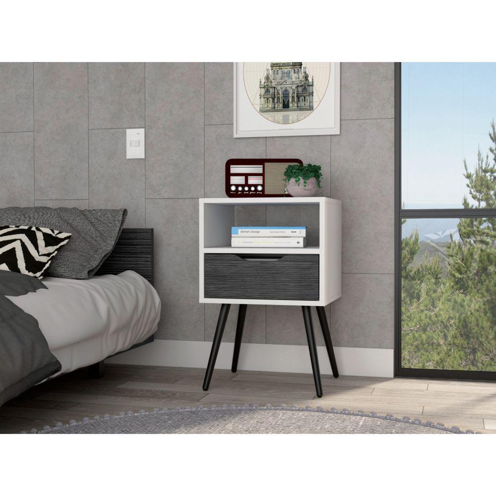 DEPOT E-SHOP Emma Nightstand, Countertop, Four Legs, One Open Shelf, One Drawer-Smoky Oak-White, For Bedroom. Picture 1