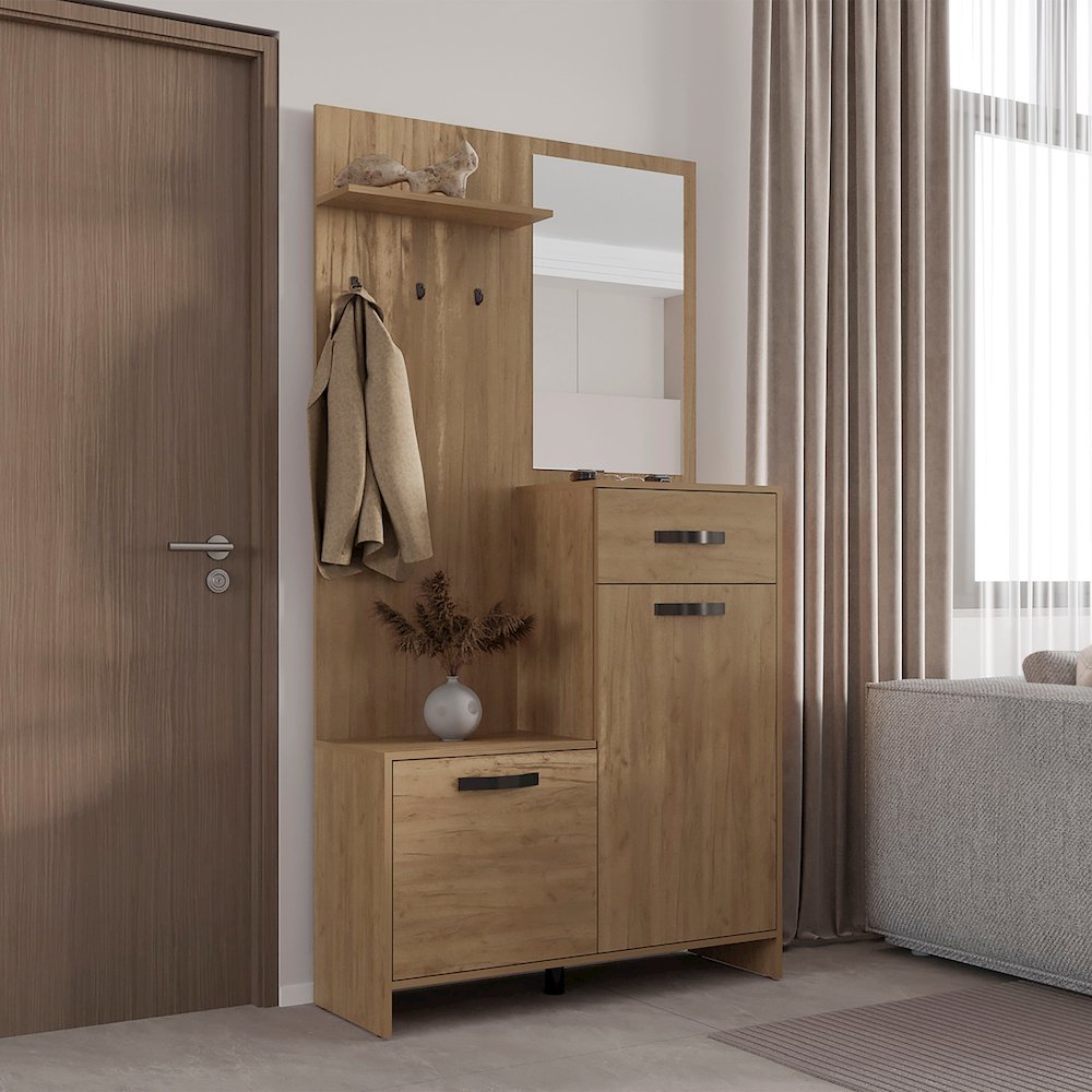 Olpe Hall Tree, 2 Doors, 1 Drawer, 1 Shelf, 1 Mirror, Natural Oak. Picture 6
