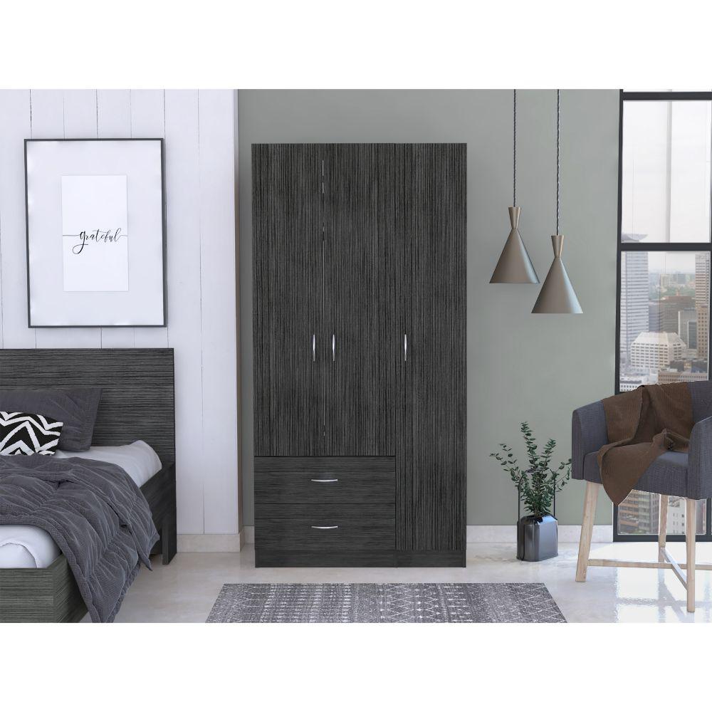 DEPOT E-SHOP Bosko 3 Doors Armoire, Two Drawers, One Door Cabinet, Two Door Cabients, Metal Rod, Smoky Oak/White, For Bedroom. Picture 2