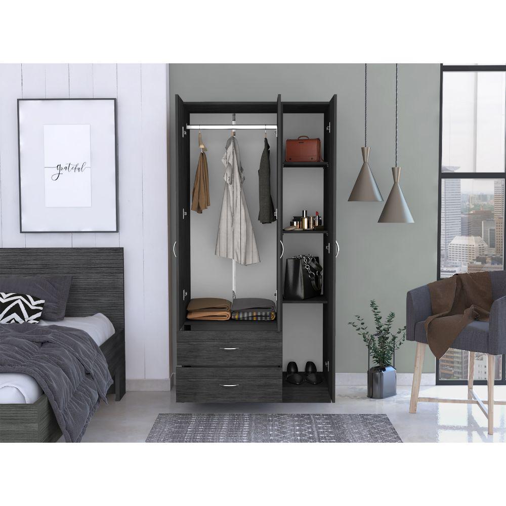 DEPOT E-SHOP Bosko 3 Doors Armoire, Two Drawers, One Door Cabinet, Two Door Cabients, Metal Rod, Smoky Oak/White, For Bedroom. Picture 5