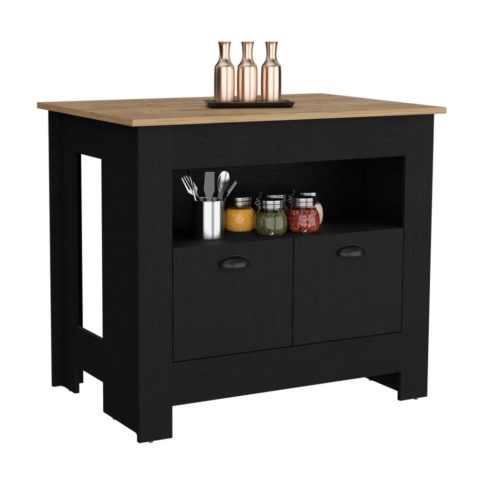 Floyd 35" H Kitchen Island, whit  2 doors, 3 shelves, Black/Macadamia,. Picture 4