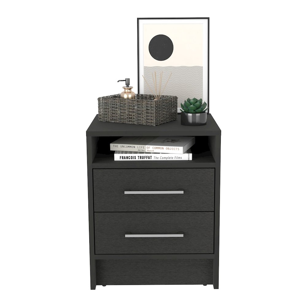 Leyva Nightstand with 2 Drawers and 1 Shelf, Black. Picture 1