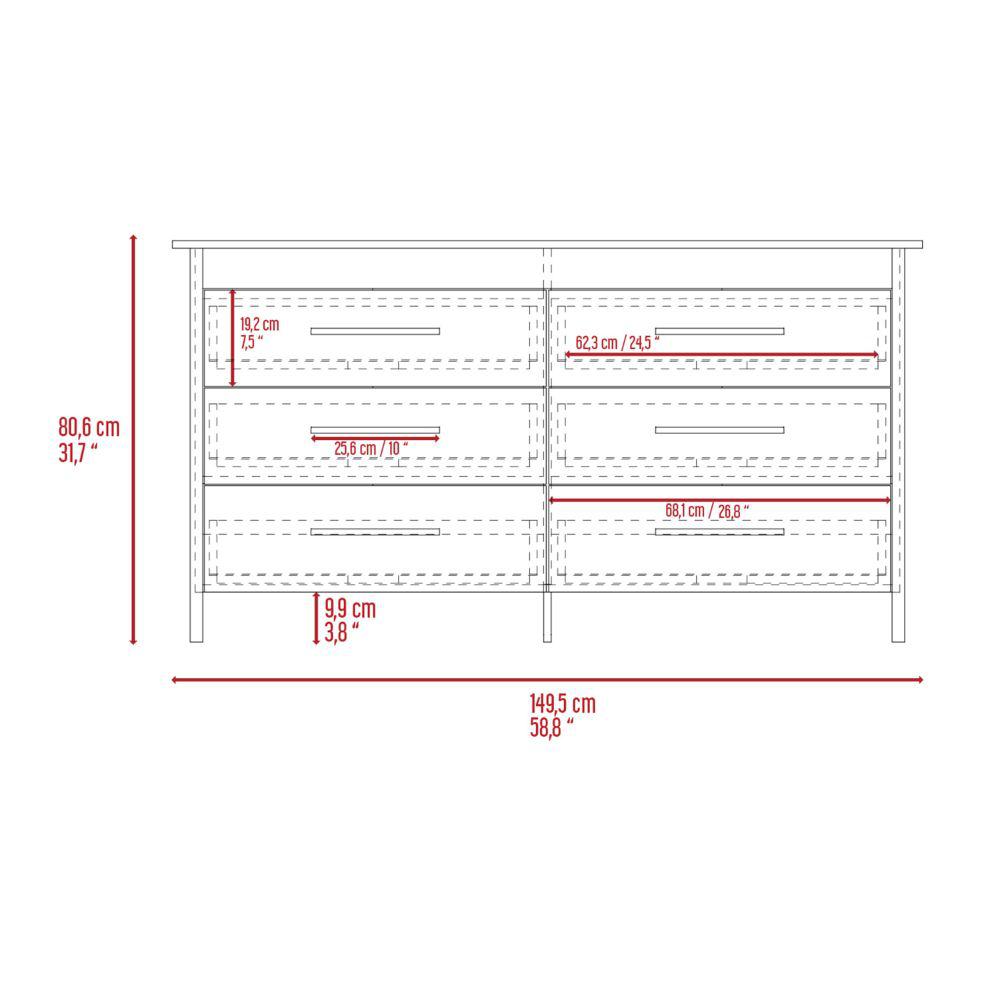 DEPOT E-SHOP Paris 6 Drawer Double Dresser -Six Drawers, Four Legs, Countertop-Light Oak/White. For Bedroom. Picture 5