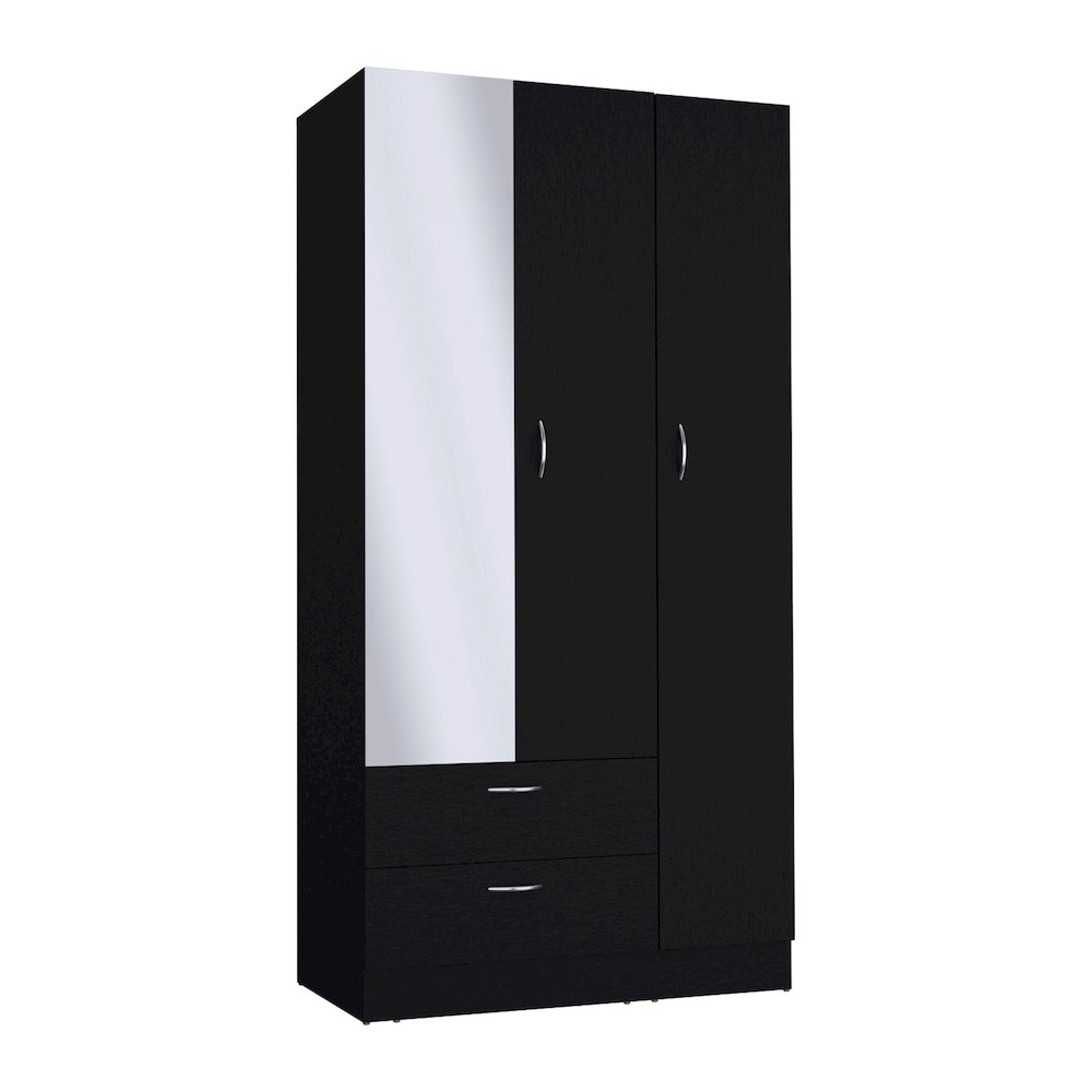 Twardrobe with 3 doors, one with mirror, two drawers, four shelves,Black. Picture 1